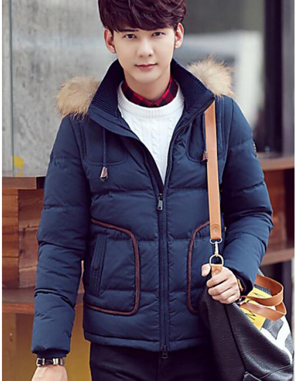 Men's Down Coat,Simple Casual/Daily Solid-Polyester White Duck Down Long Sleeve Hooded Blue / Gray
